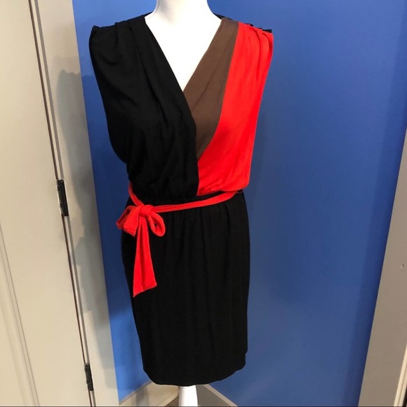 Ella Moss Women's Black Multi Surplice Neck Sprouse Belted Faux Wrap Dress sz XS - Picture 1 of 5